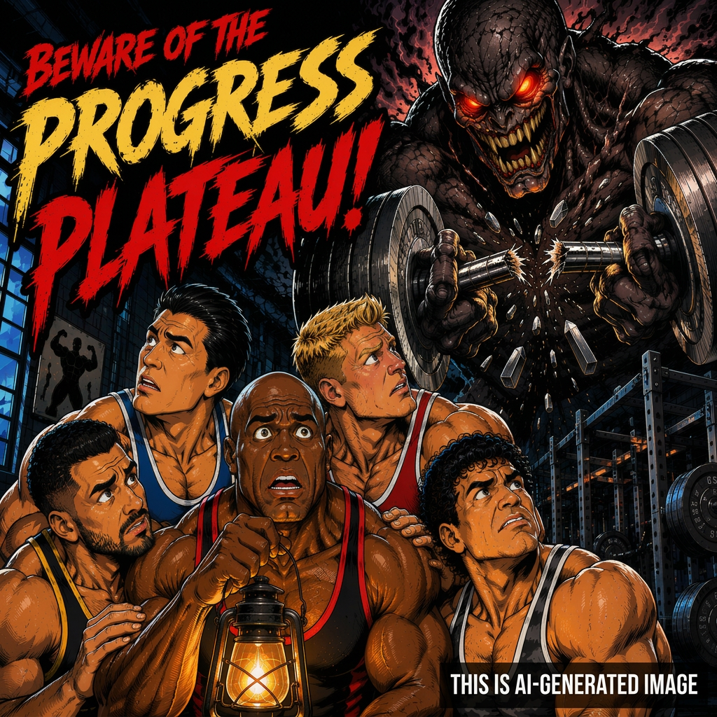 Comic-book style illustration of athletes facing a progress plateau monster in a gym